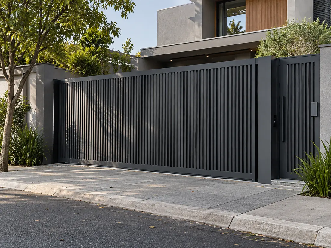 Entrada residencial com portão grafite em bairro arborizado