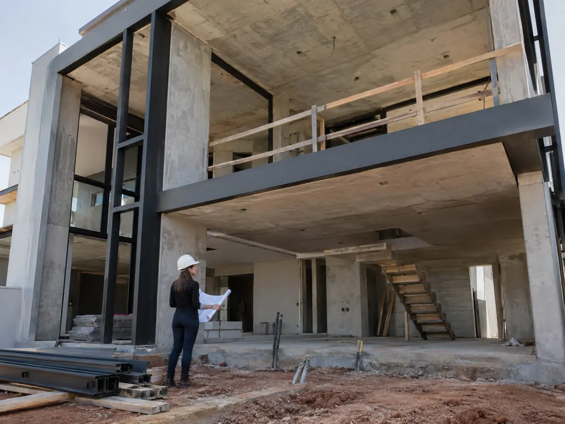 Construção residencial em fase de estrutura e alvenaria
