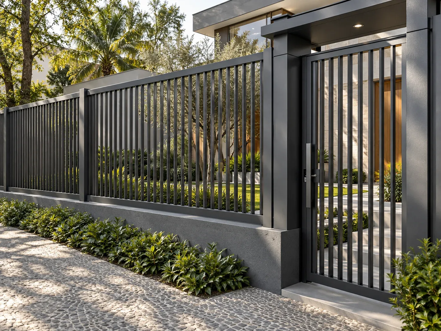Fechamento de jardim com grades metálicas e entrada de pedestres