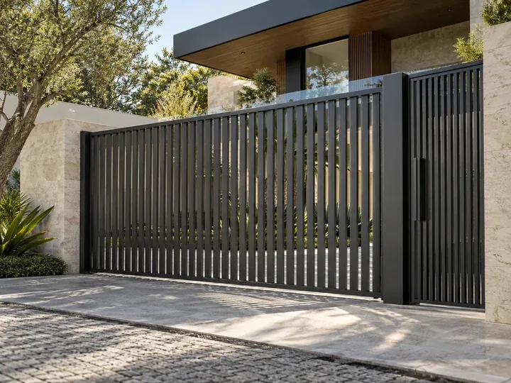 Portão metálico integrado à fachada de uma residência